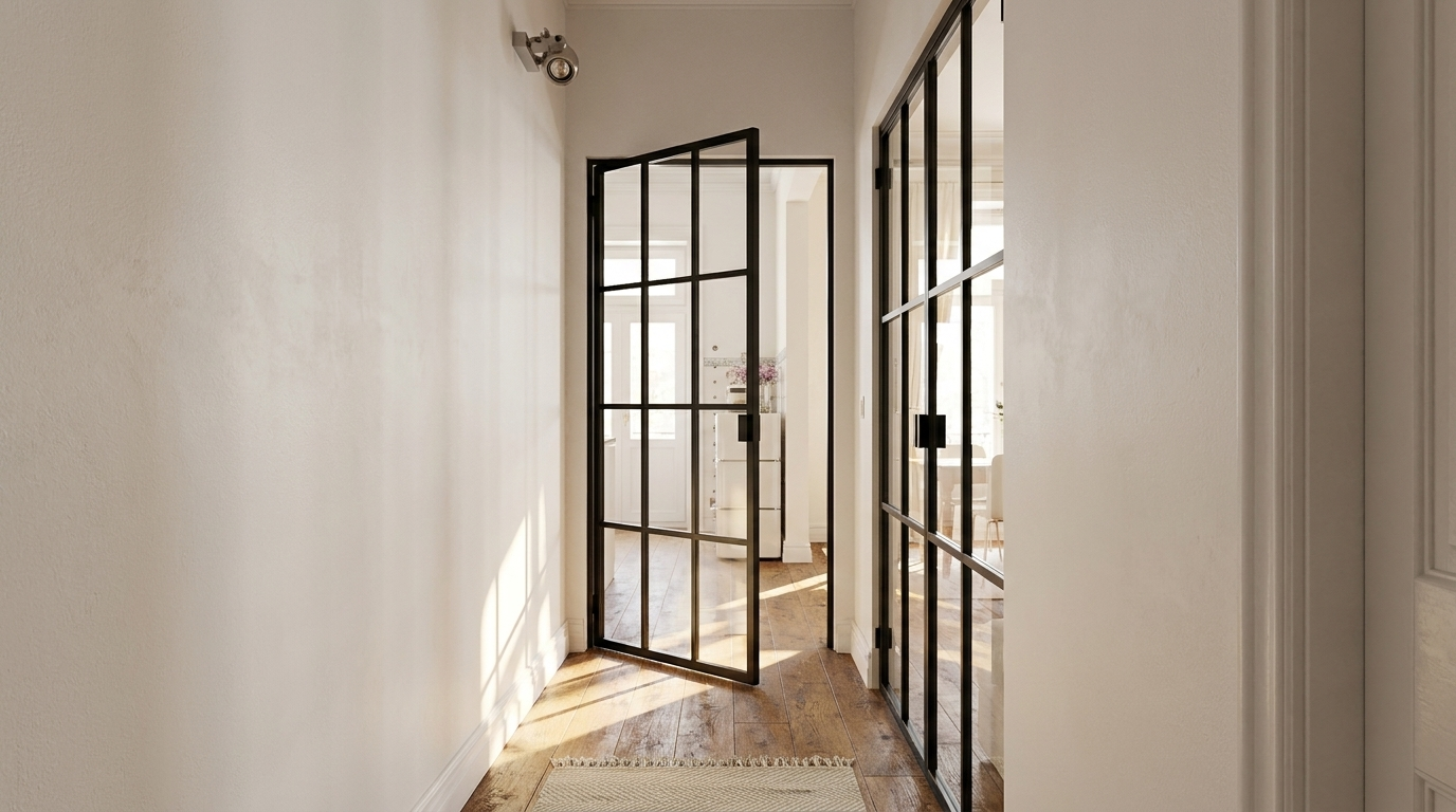 Couloir avec deux portes acier-verre noires dont une ouverte sur parquet massif