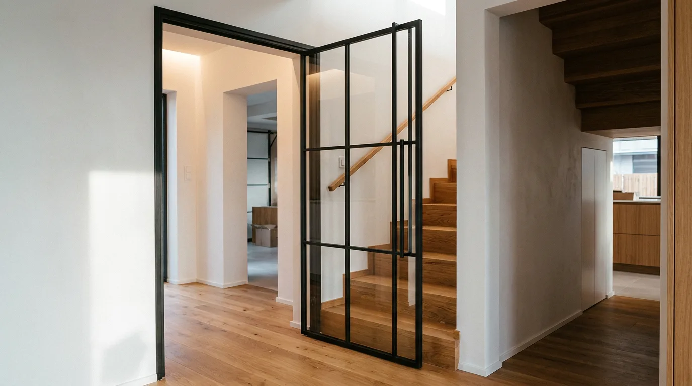 Porte acier-verre noire ouverte avec poignée barre donnant sur un escalier