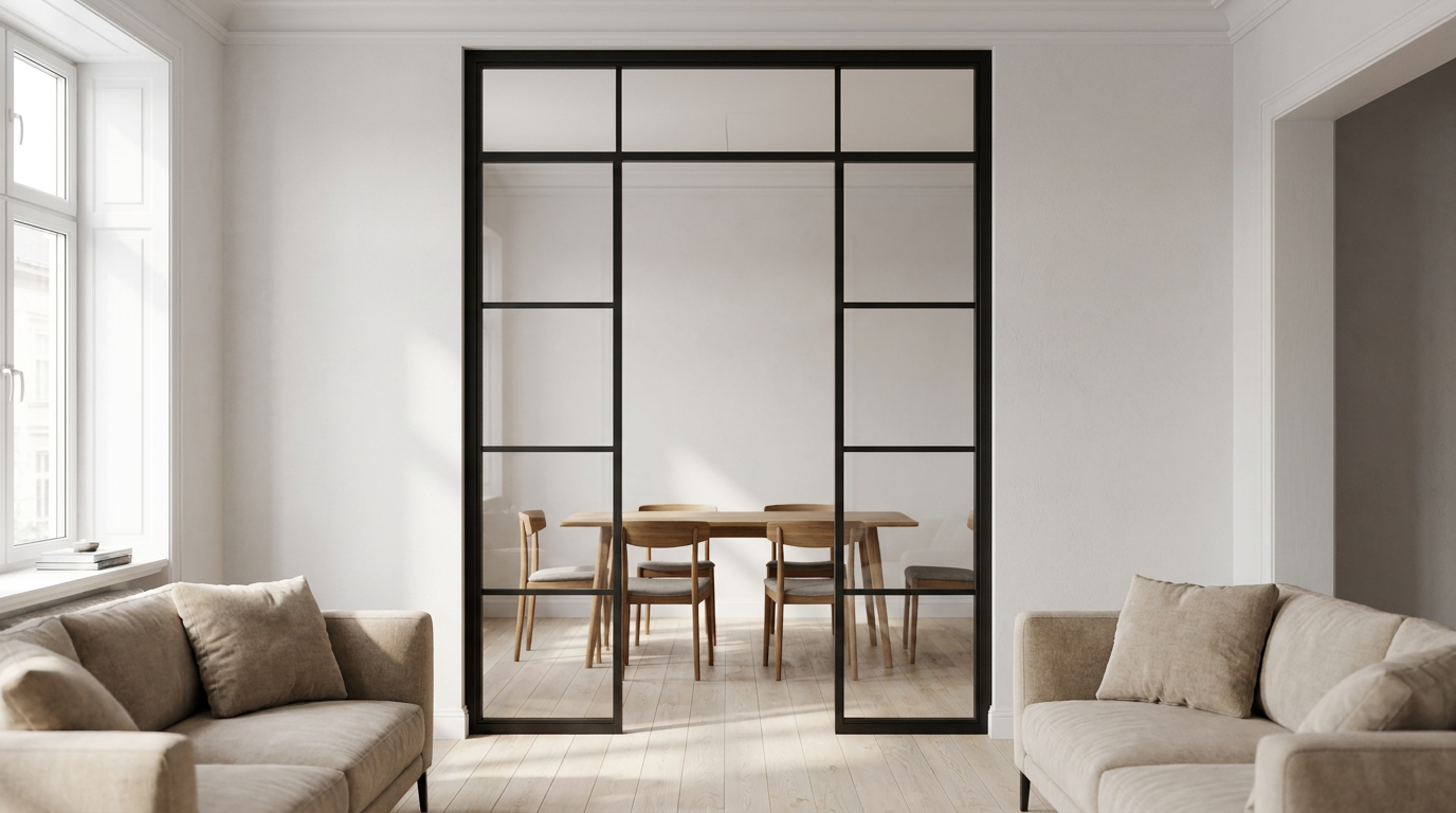 Puerta doble cerrada de acero y vidrio separando salón y comedor con sofás beige