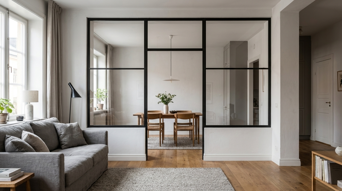 Eine schwarze Stahl-Glas-Trennwand mit mehreren Glasfeldern trennt ein helles Wohnzimmer von einem Esszimmer.