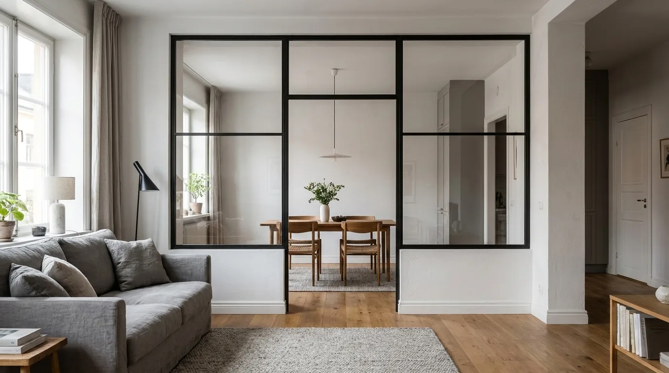 Eine schwarze Stahl-Glas-Trennwand mit mehreren Glasfeldern trennt ein helles Wohnzimmer von einem Esszimmer.