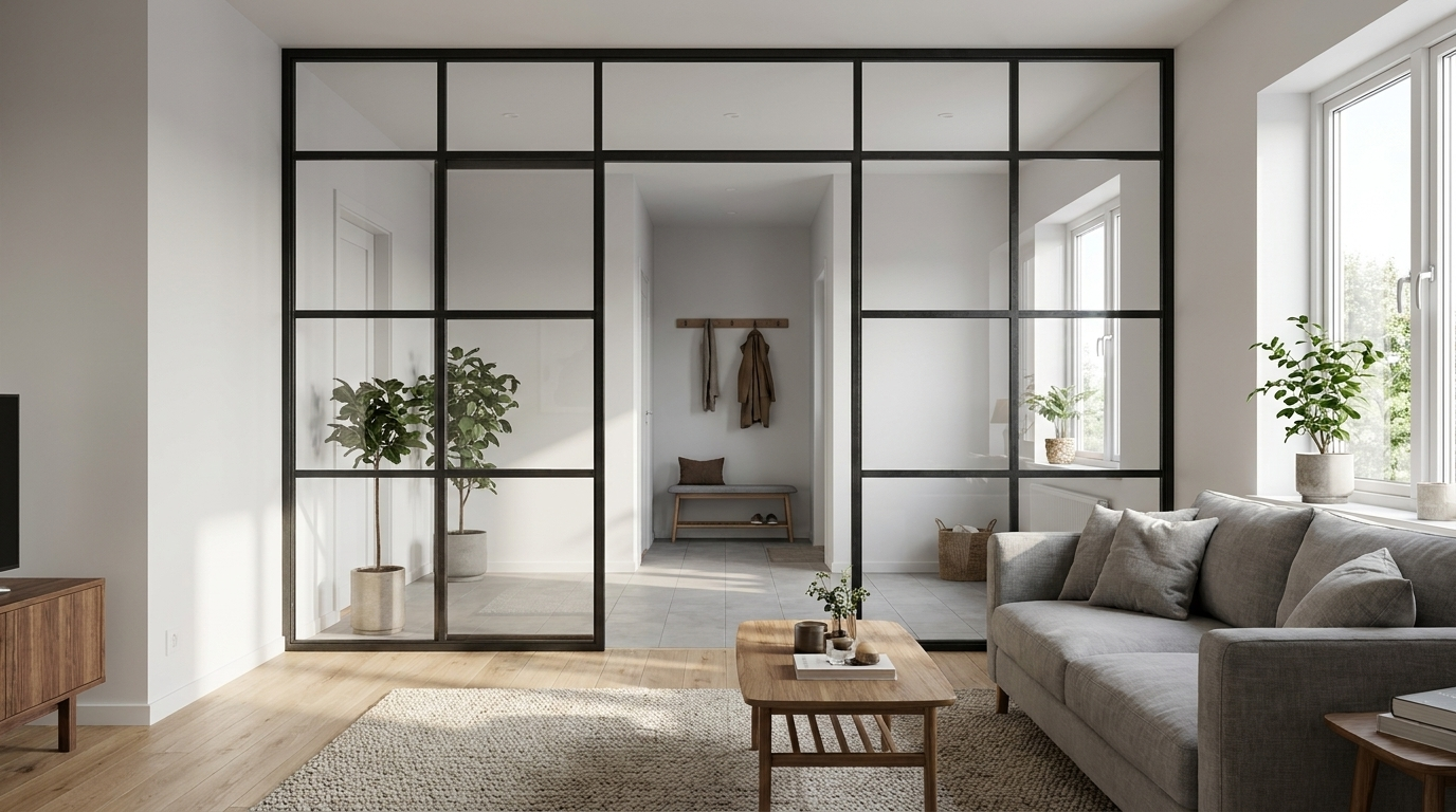 Eine raumhohe Stahl-Glas-Trennwand mit schwarzem Stahlrahmen und mehreren Glasfeldern trennt das Wohnzimmer vom Eingangsbereich.