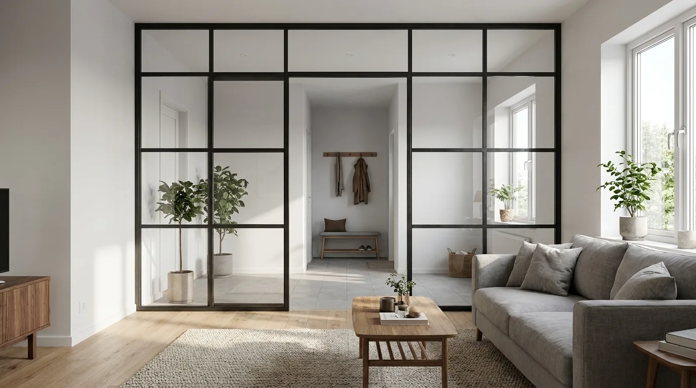 Eine raumhohe Stahl-Glas-Trennwand mit schwarzem Stahlrahmen und mehreren Glasfeldern trennt das Wohnzimmer vom Eingangsbereich.