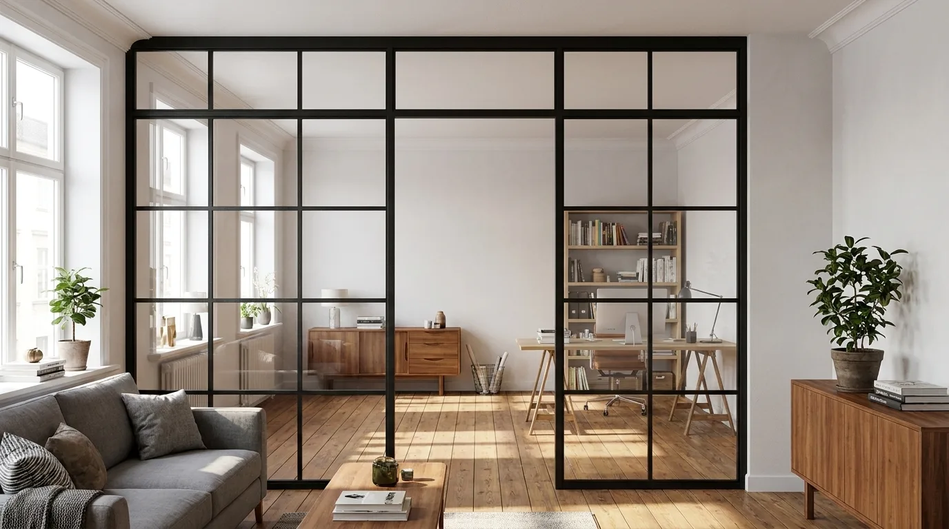 Eine raumhohe Stahl-Glas-Trennwand mit schwarzem Stahlrahmen und mehreren Glasfeldern trennt einen Wohnbereich von einem Arbeitszimmer.