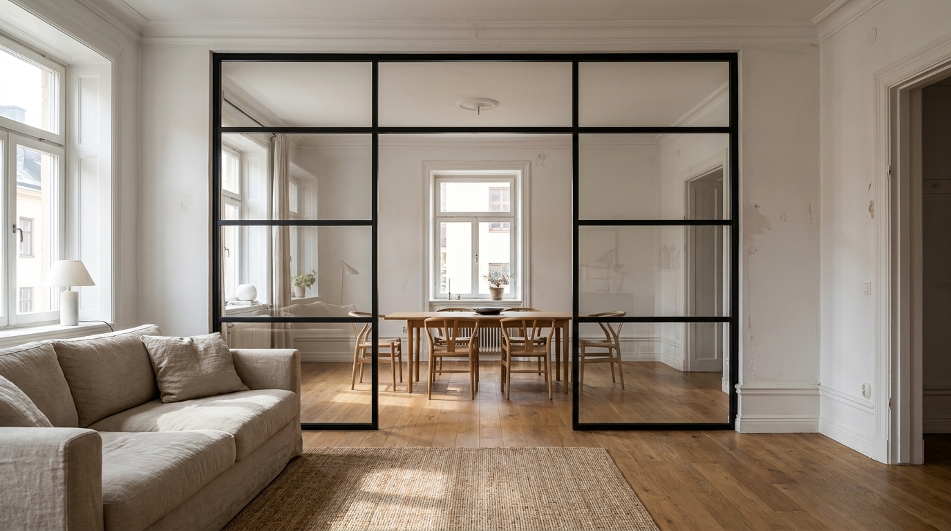 Eine festmontierte Stahl-Glas-Trennwand mit schwarzem Stahlrahmen unterteilt einen hellen Wohnraum in Wohn- und Essbereich.