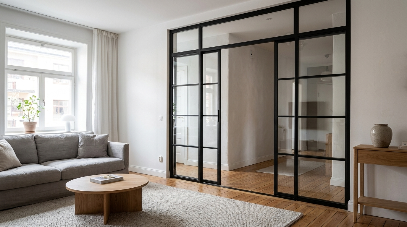 Eine fest installierte Stahl-Glas-Trennwand mit schwarzem Stahlrahmen unterteilt einen hellen Wohnraum.