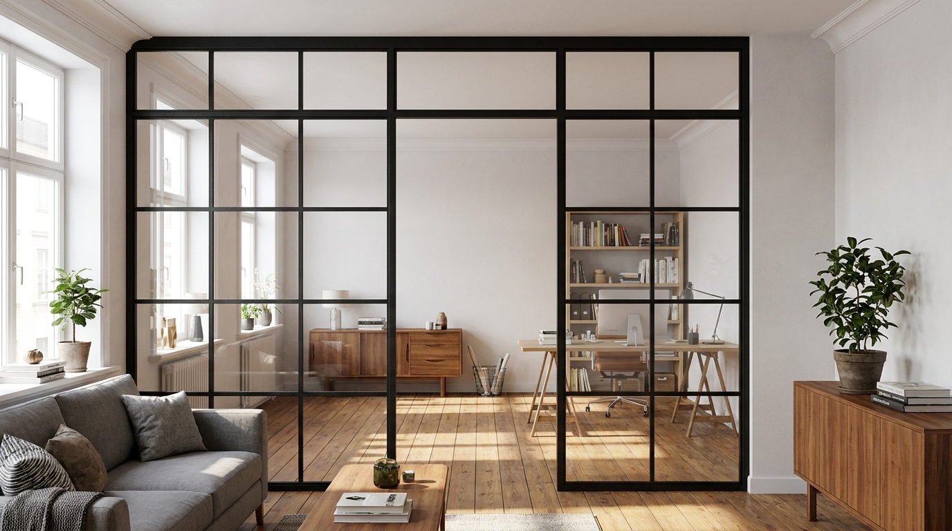 Raumteiler, Stahl und Glas (Manufaktur X)
