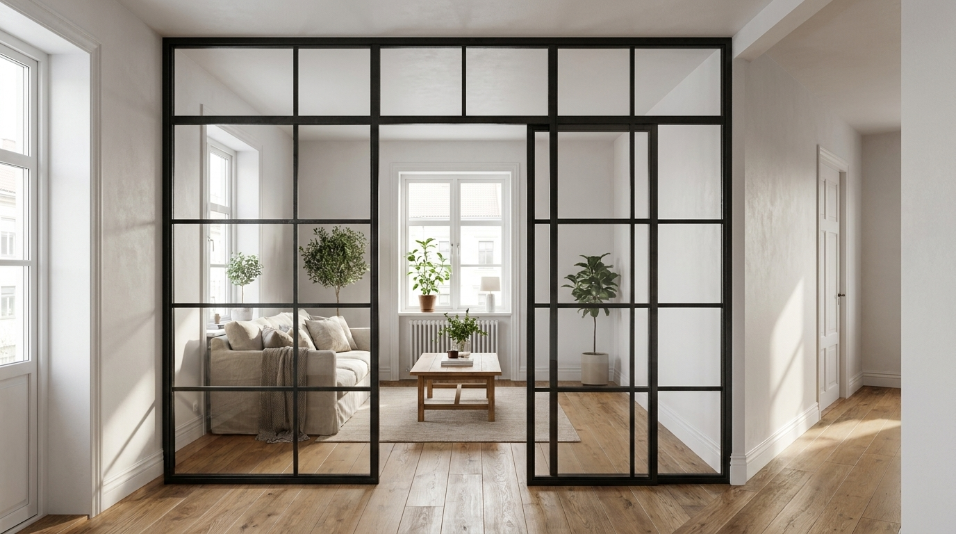 Raumteiler, Stahl und Glas (Manufaktur X)