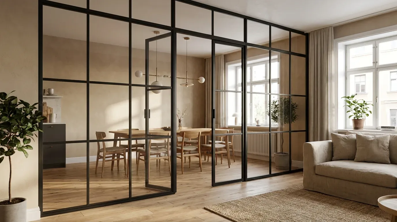 Stål-glass-skillevegg med åpen gjennomgang skiller stue og spisestue