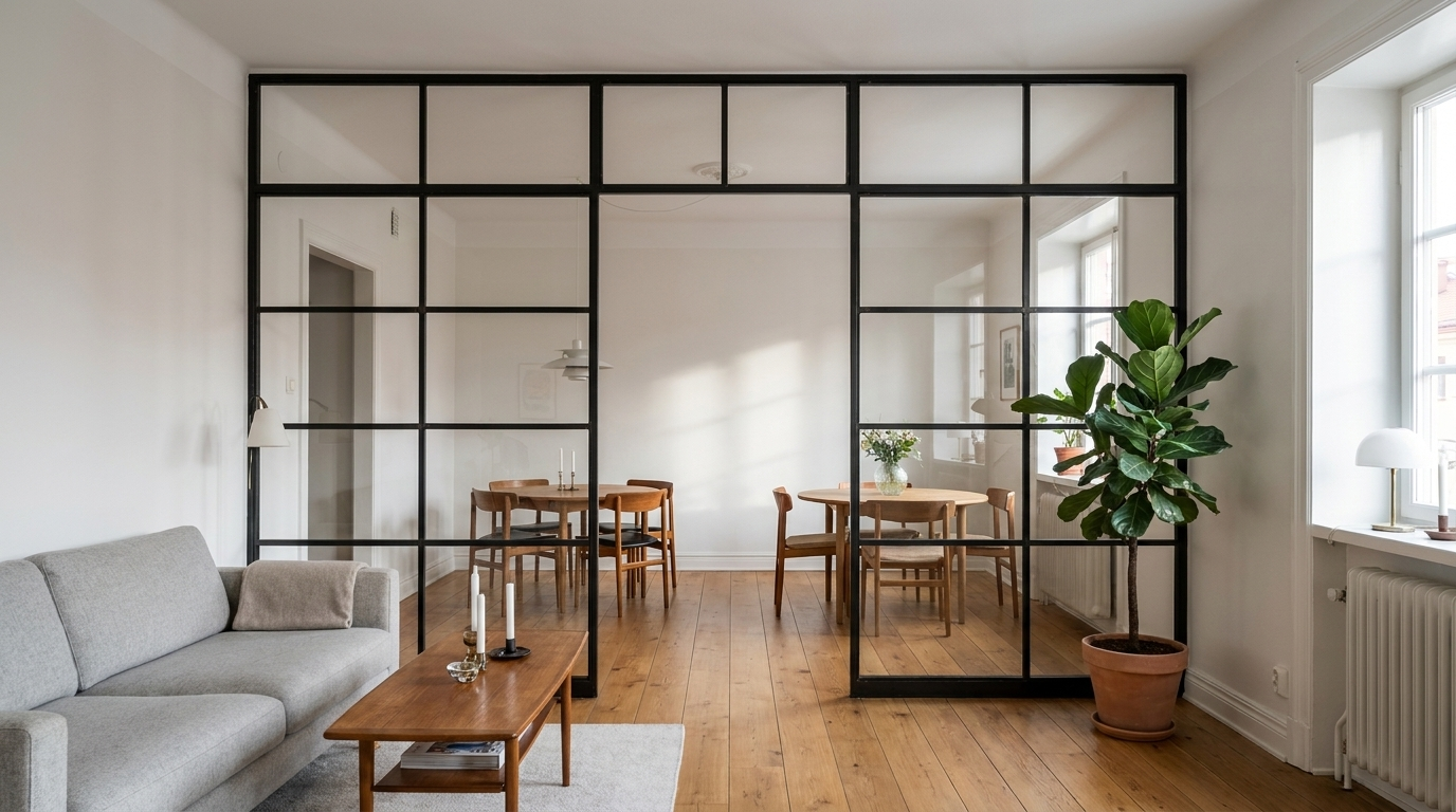 Floor-to-ceiling black steel glass partition with even grid separating living and dining areas