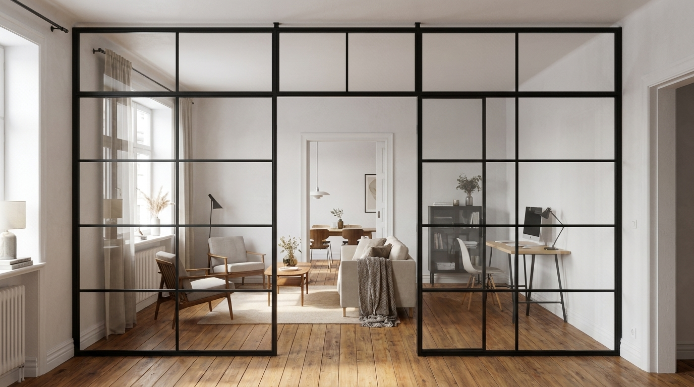 Four-panel black steel glass room divider with grid pattern on wood floor