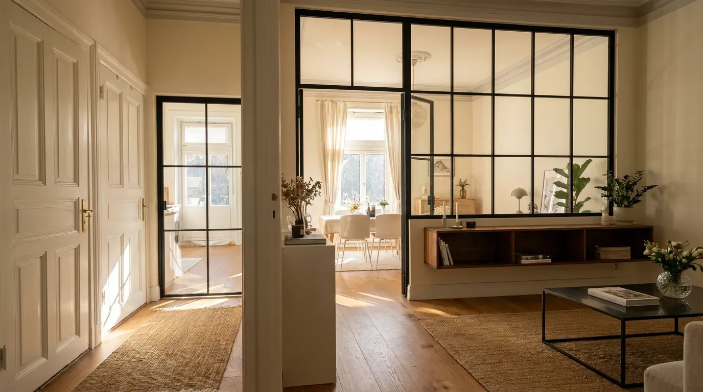 Large black steel glass partition separating living and dining areas in a bright period apartment