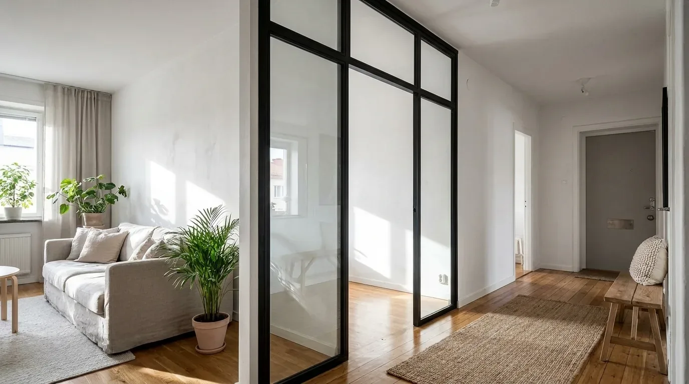 Fixed black steel glass partition separating hallway from bedroom with full-height glazing