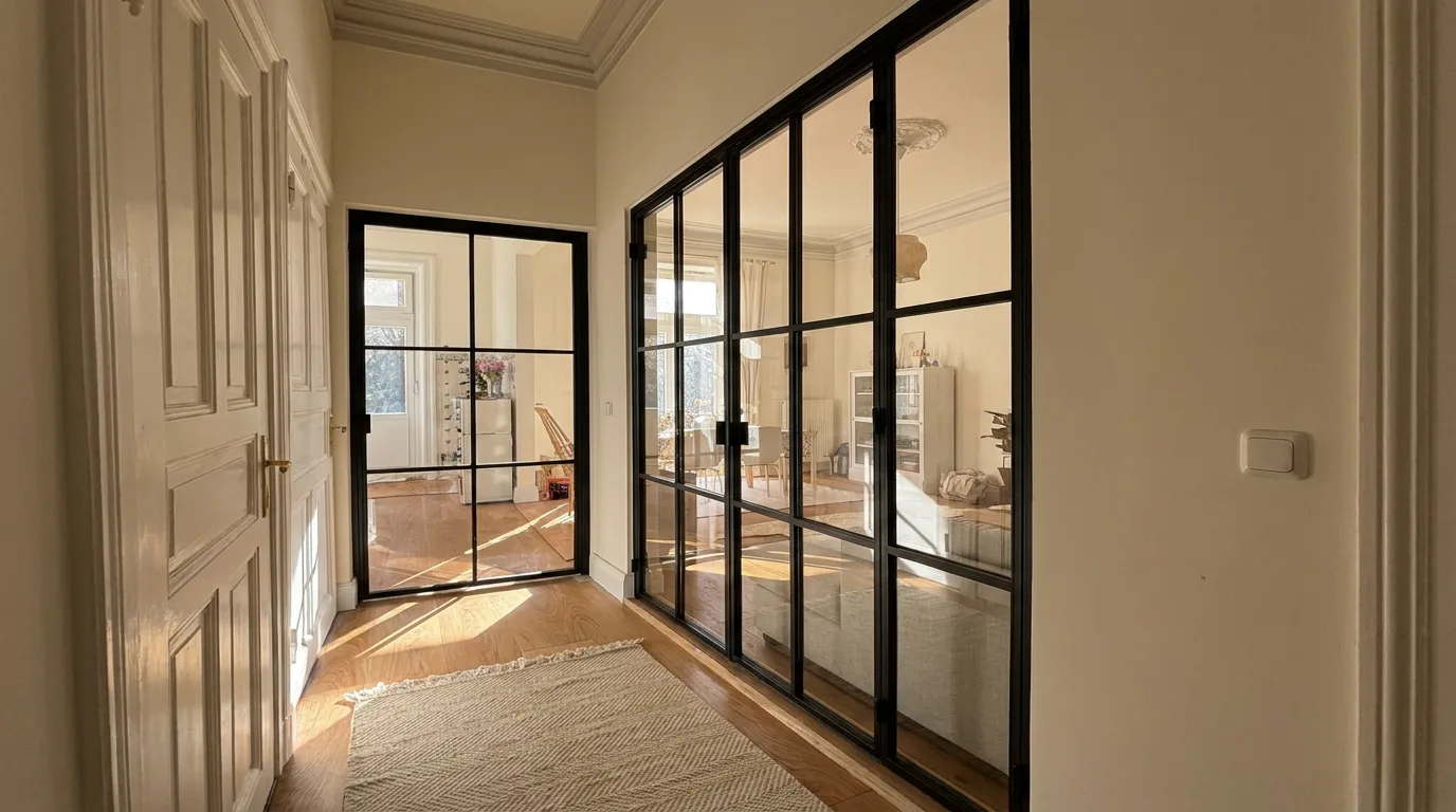 Black steel-glass partition and open door dividing a bright hallway in old building