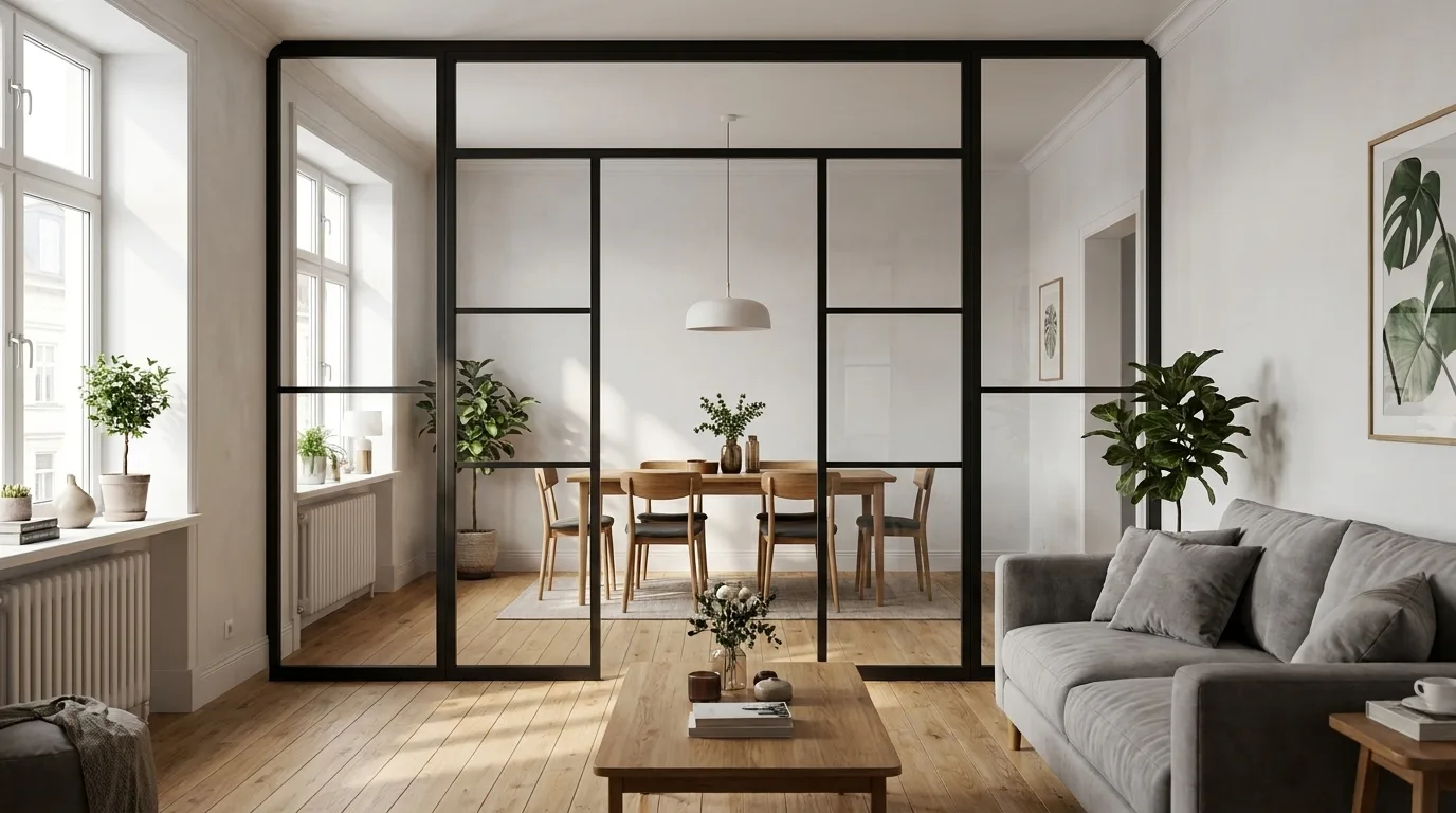 Fixed black steel and glass partition dividing a living room from a dining area