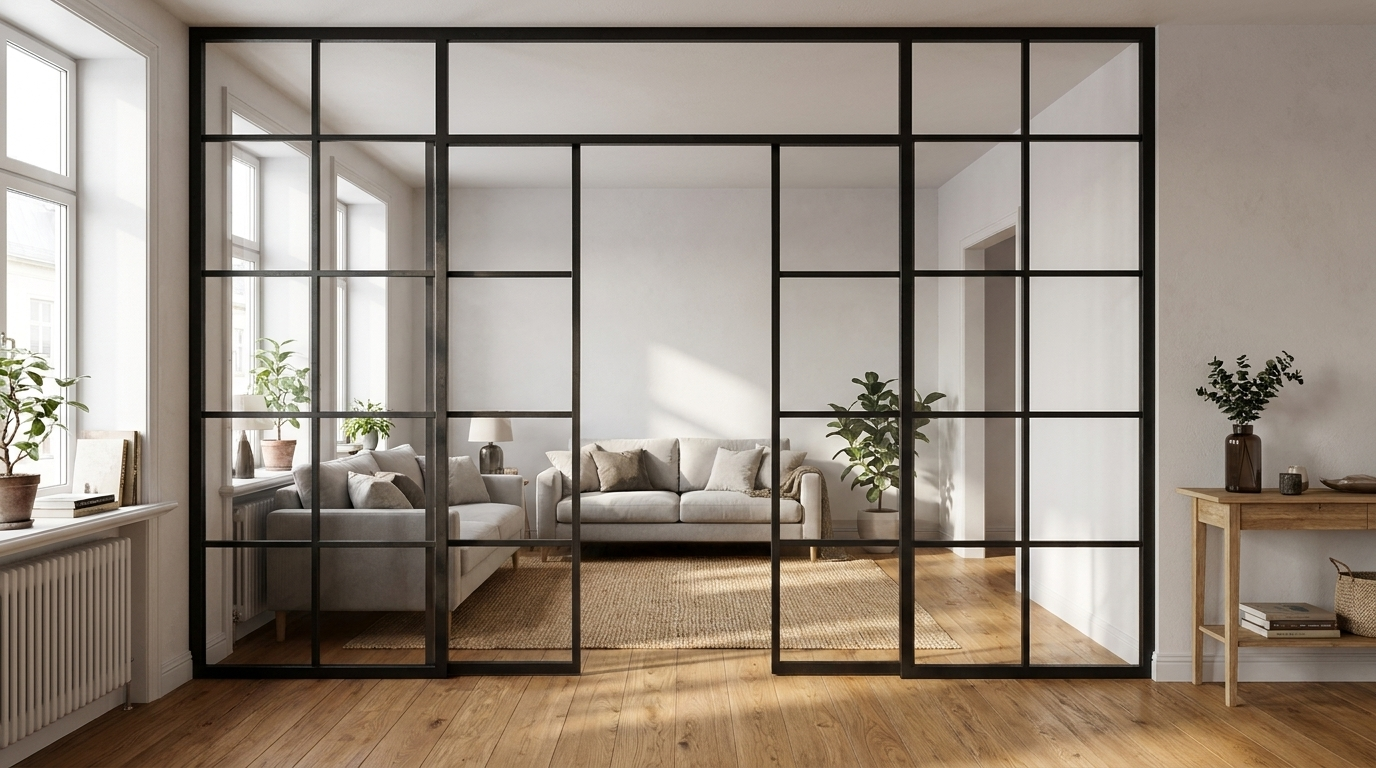 Floor-to-ceiling black steel glass partition with mullion pattern dividing bright living area