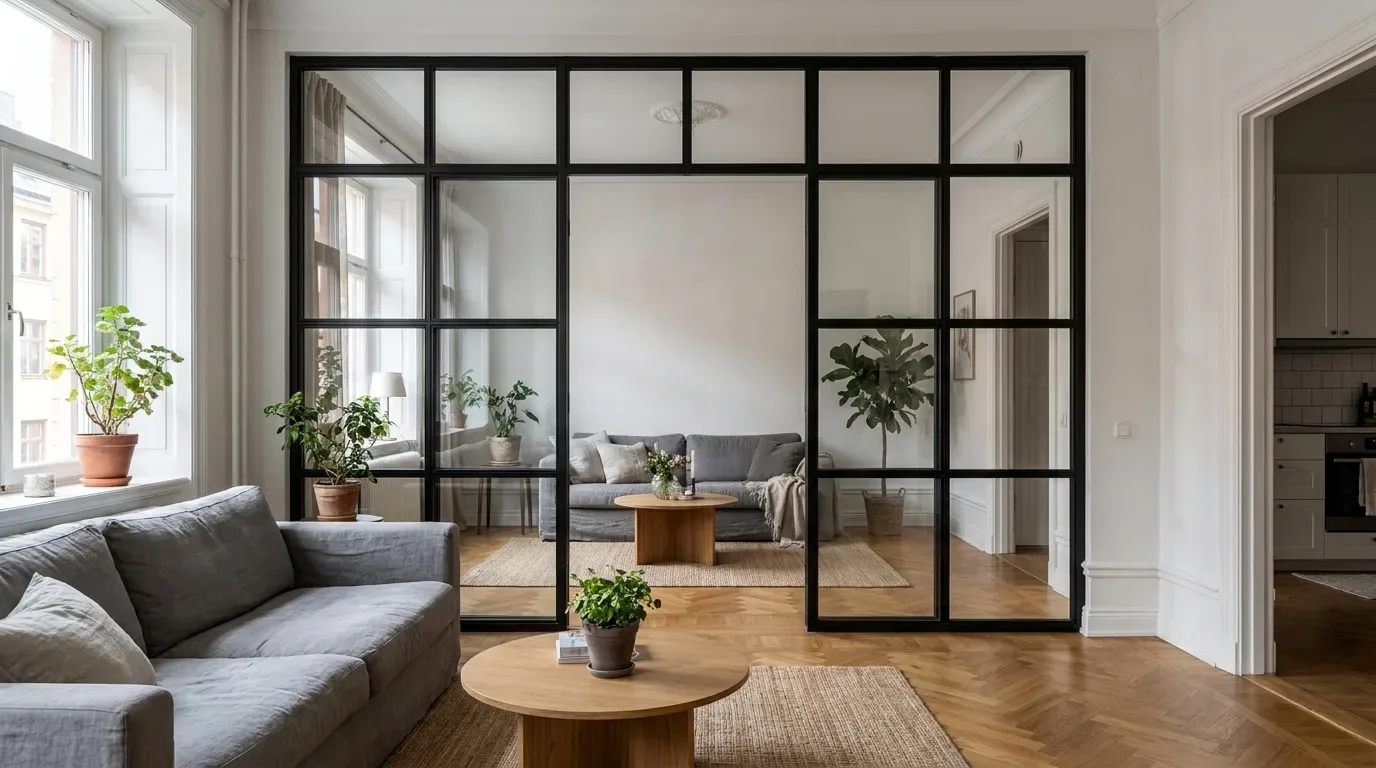 Full-height black steel glass divider with multiple panels between two grey sofa areas