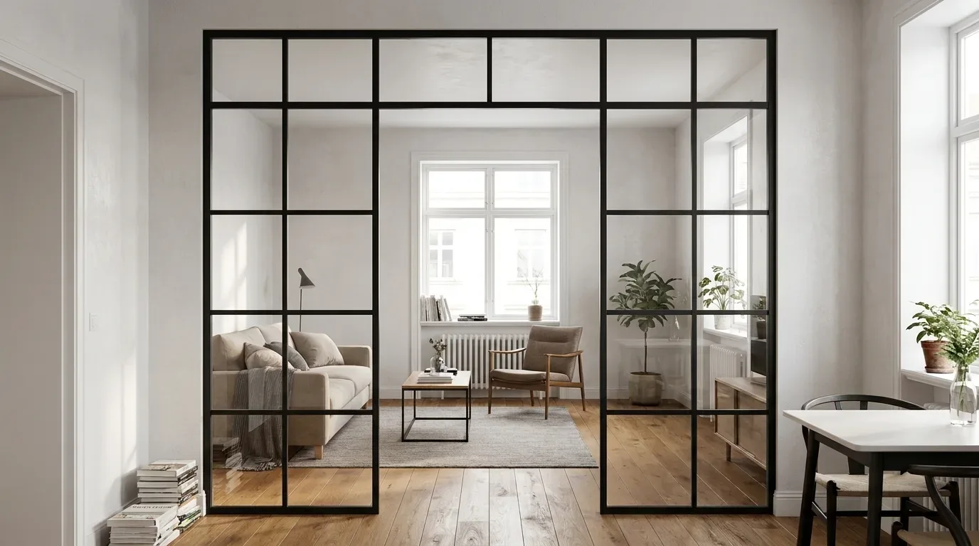 Black steel and glass room divider with open passage in bright living room
