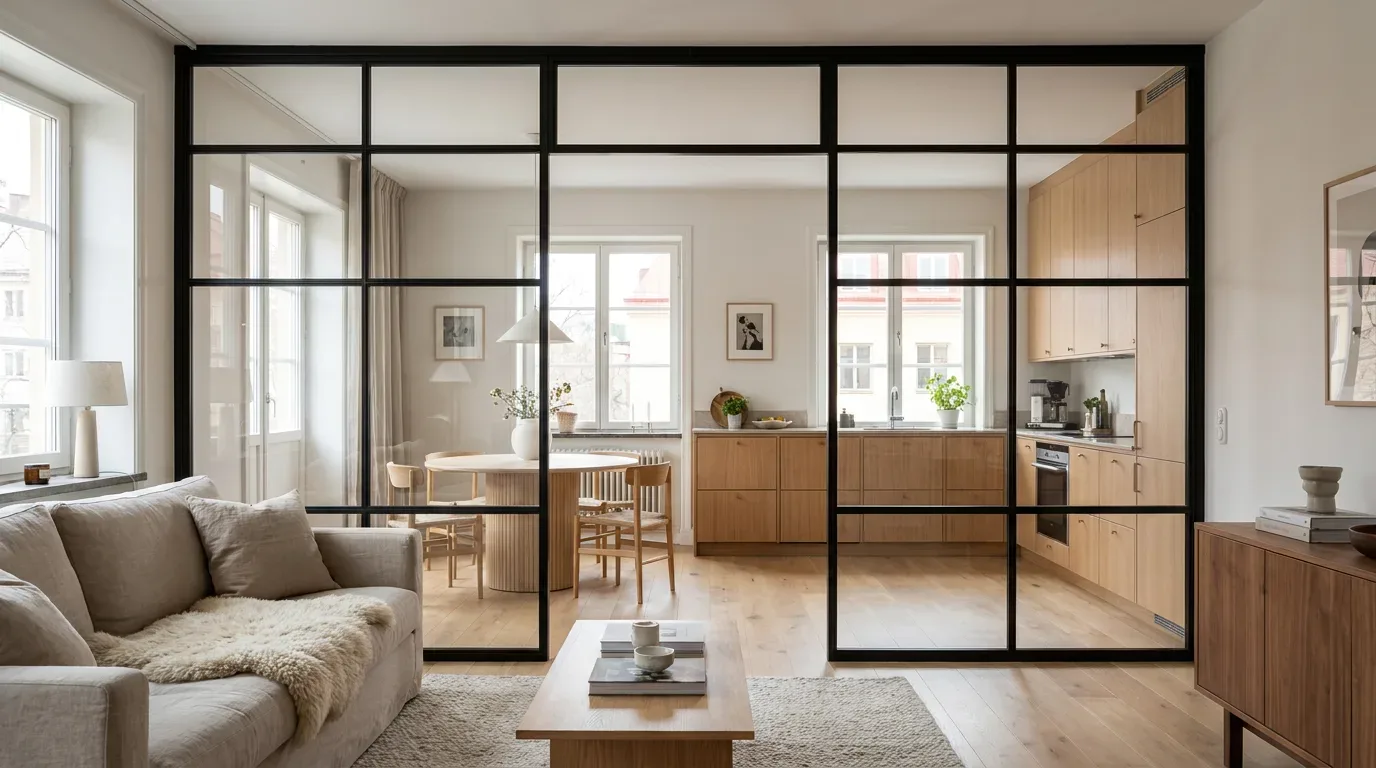 Black steel glass divider with large open passage connecting Scandinavian living and kitchen