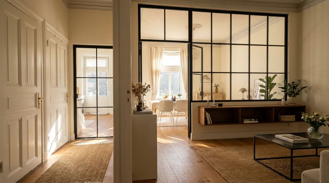 Large steel-glass room divider separating living and dining areas in bright old-building apartment