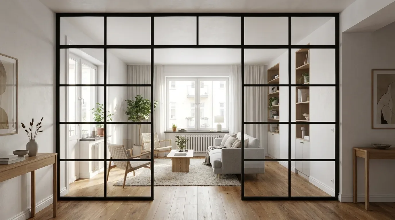 Full-height steel glass wall with central open passage separating hallway and living room