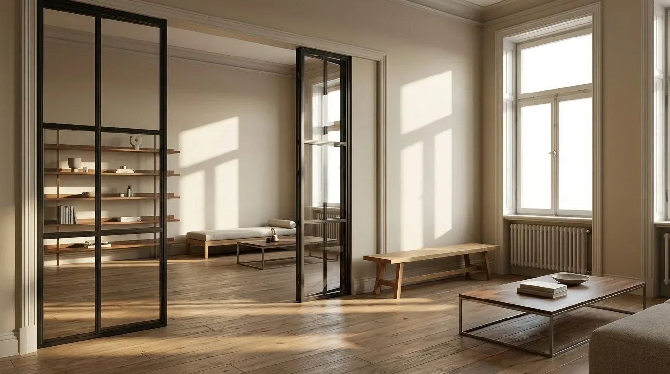 Sort stål-glas skillevæg med åben gennemgang i lyst rum med altbau-charme