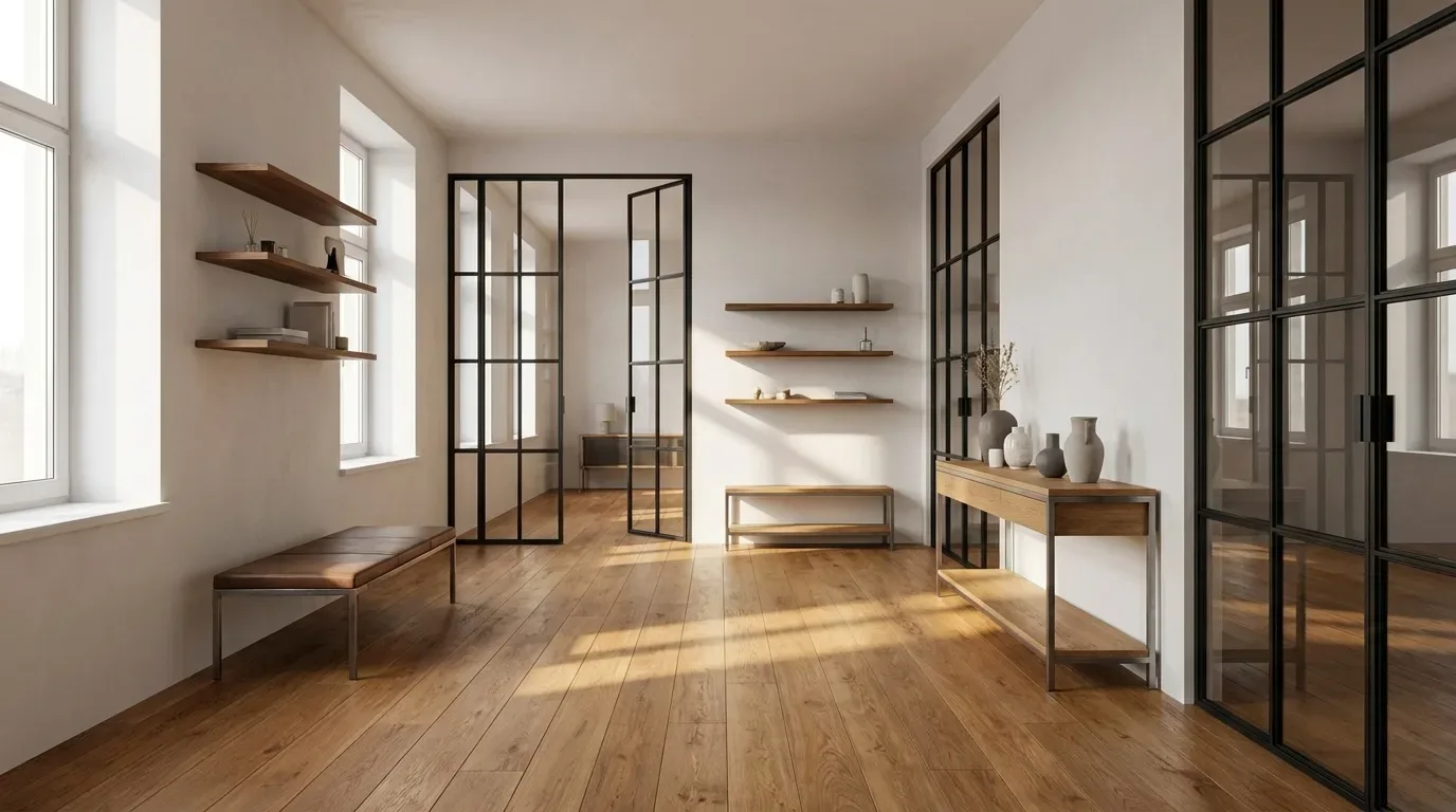Minimalistisk stål-glas konstruktion med sort ramme og gennemgang i lyst rum