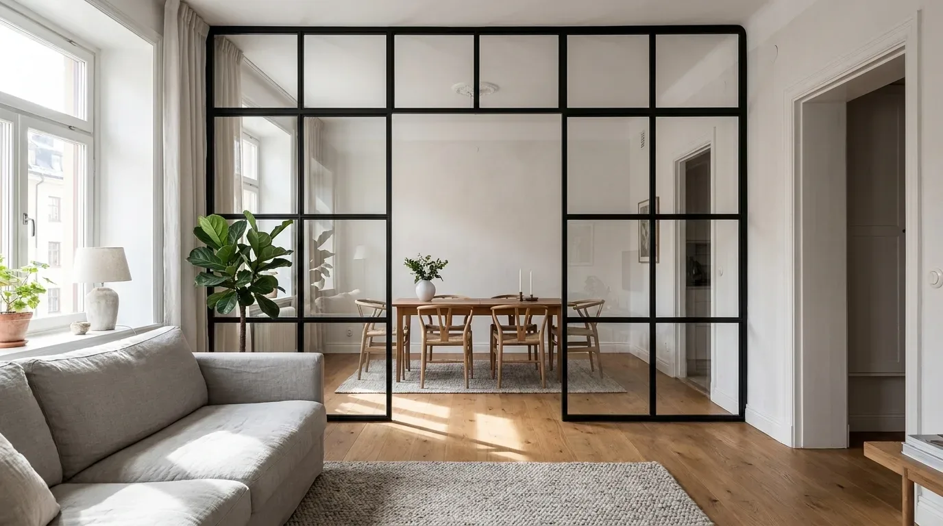 Vaste stalen glaswand met brede doorgang onthult Scandinavische eethoek met houten tafel