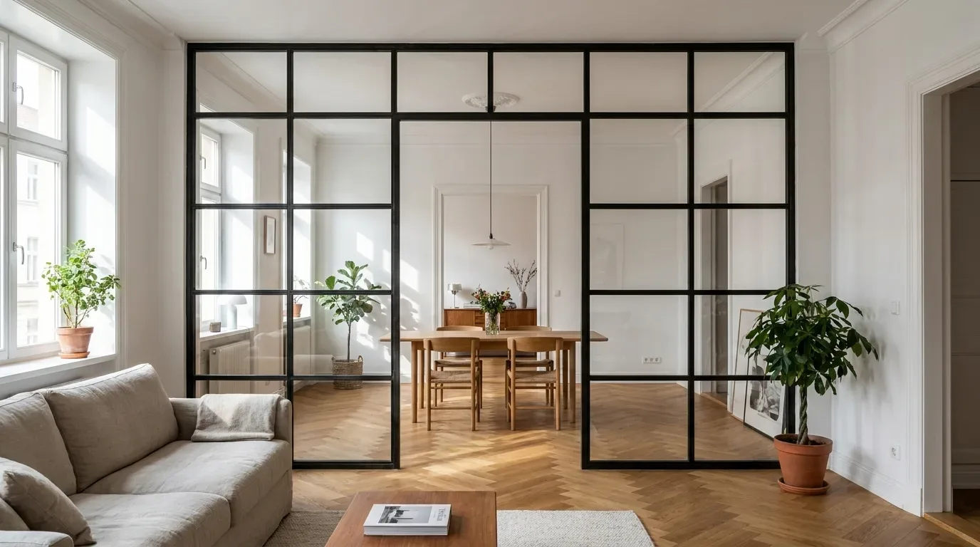 Raamhoge stalen glaswand met centrale doorgang in lichte oud bouwwoning