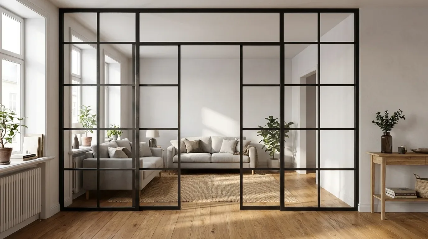 Raamhoge stalen glaswand met zwart frame en sproessenpatroon in lichte woonruimte
