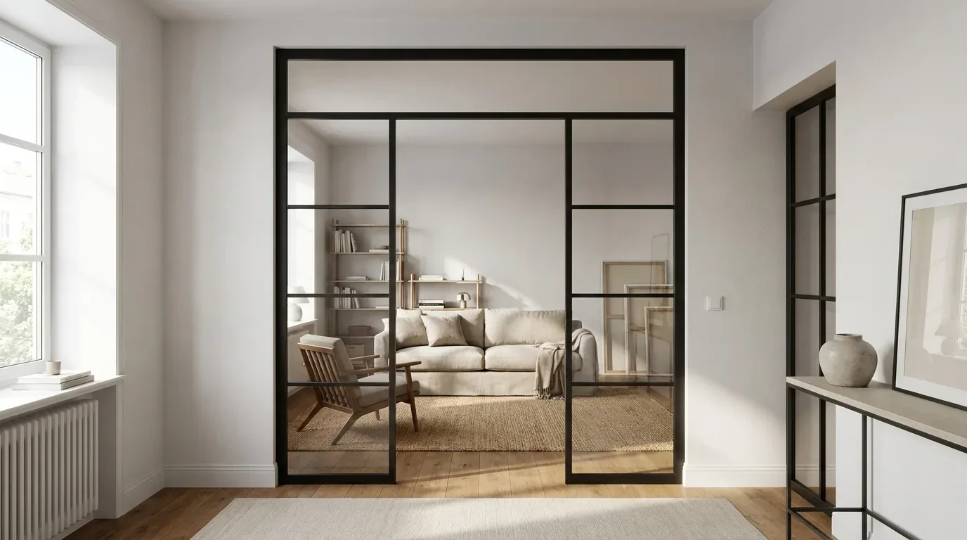 Vaste stalen glaswand met zwart frame en bovenlicht verdeelt lichte woonkamer