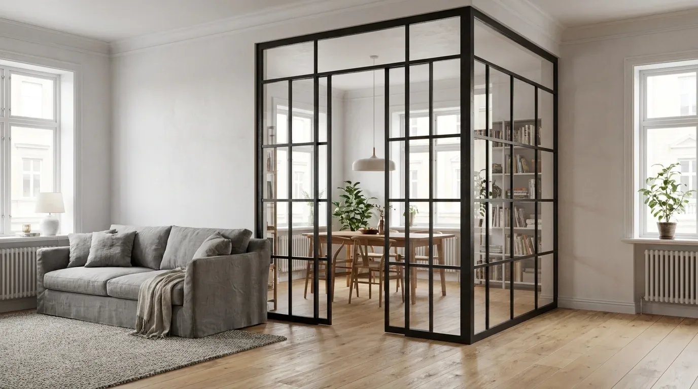 Caja de cristal y acero negro divide salón y comedor con mesa y sillas interiores