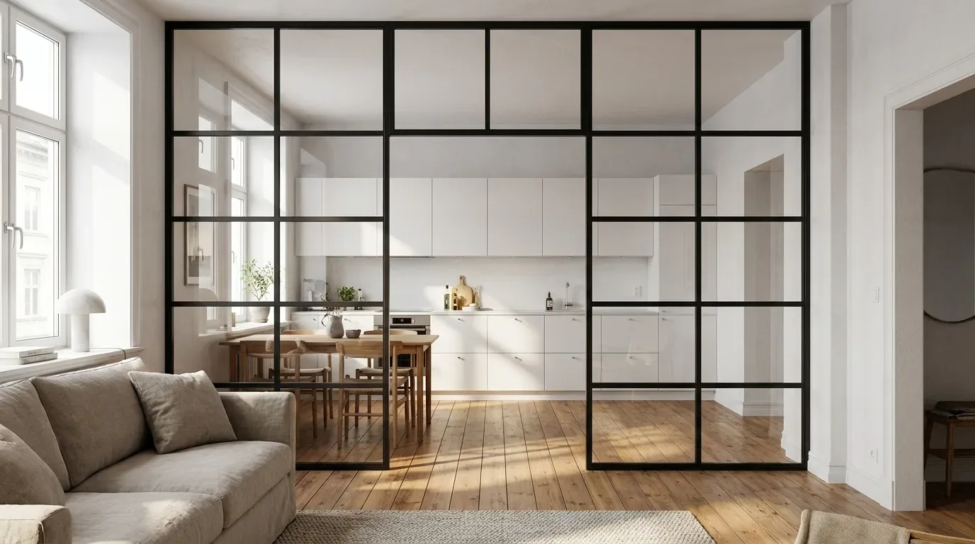 Tabique fijo de acero negro y vidrio separa sala de estar de cocina blanca integrada