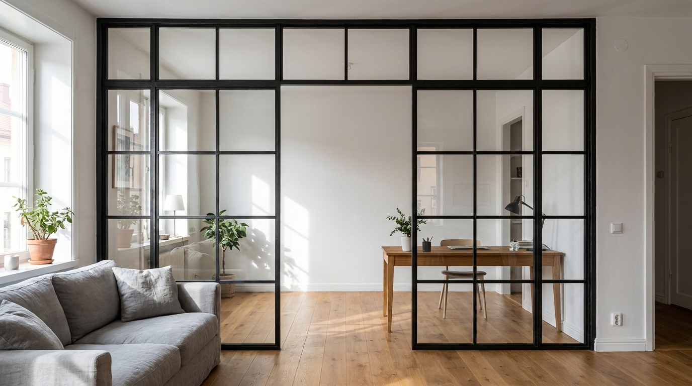 Tabique de acero negro y vidrio hasta el techo divide salón de zona de trabajo