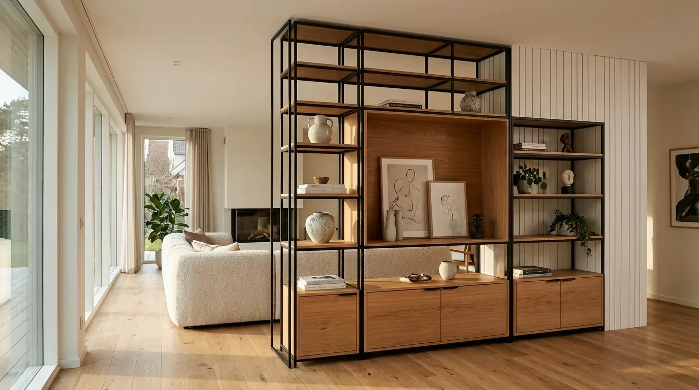 Freestanding open steel shelf with light oak boards, lower cabinets, plants and artwork