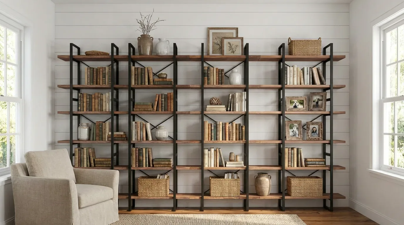 Full-wall open steel shelf with five sections, cross-brace backs, and warm wood shelves