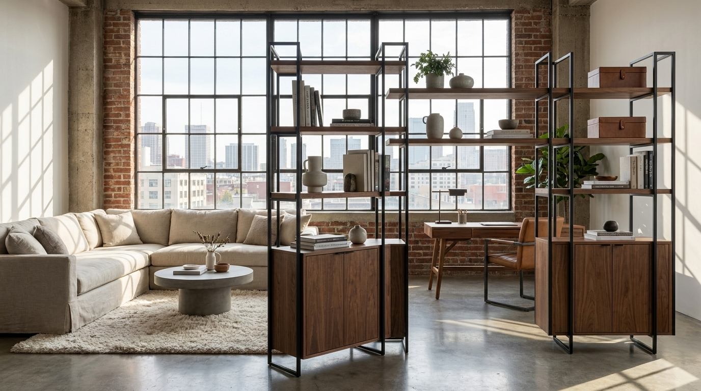 Pair of open steel-frame shelving units with lower cabinets dividing a loft into two zones