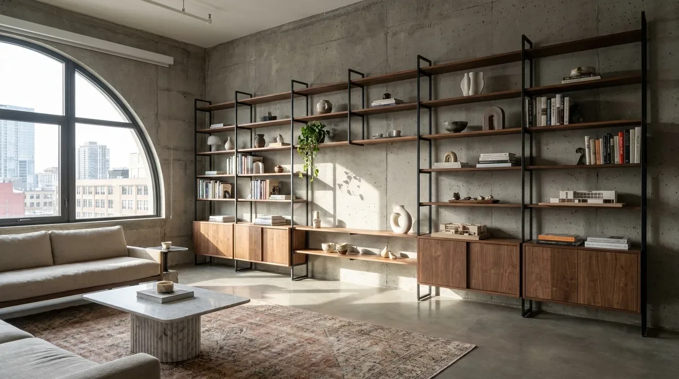 Large open steel shelving unit with wood shelves and lower cabinets against a concrete loft wall