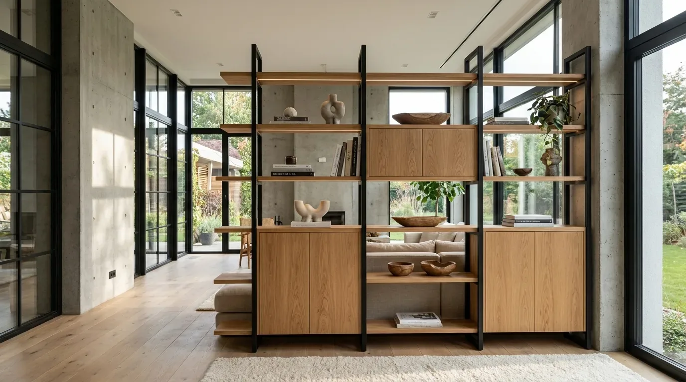 Open steel and light oak shelf with integrated closed cabinets used as a room divider