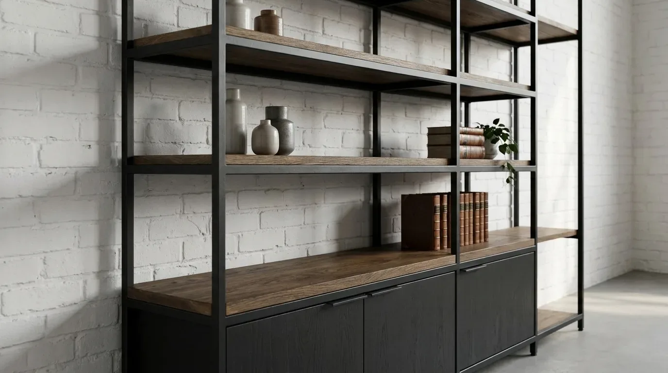 Black steel shelf with dark oak boards and integrated cabinet doors against brick wall