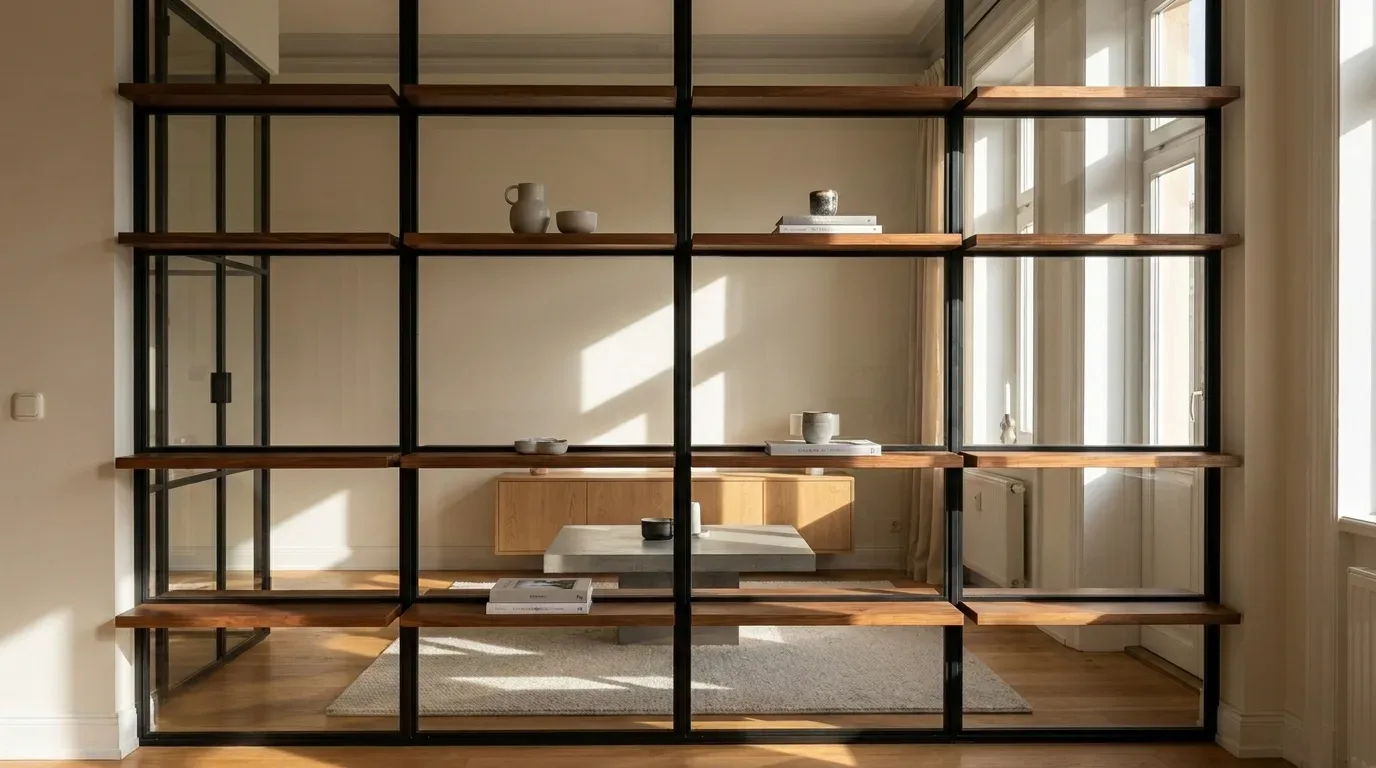 Large open walnut and black steel shelf dividing two living room areas in sunlight