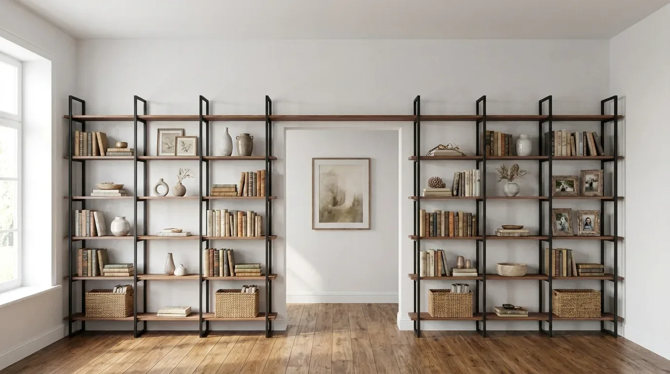 Two symmetrical open steel shelving units flanking a wall passage, filled with books and decor