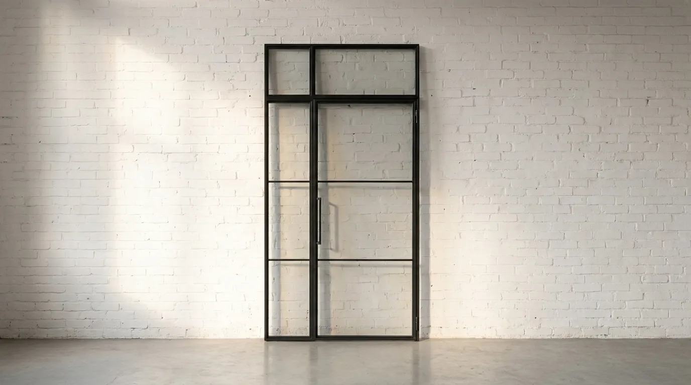 Eine zweiflügelige Stahl-Glas-Tür mit schwarzem Stahlrahmen und mehreren Glasfeldern steht frei vor einer weiß gestrichenen Ziegelwand
