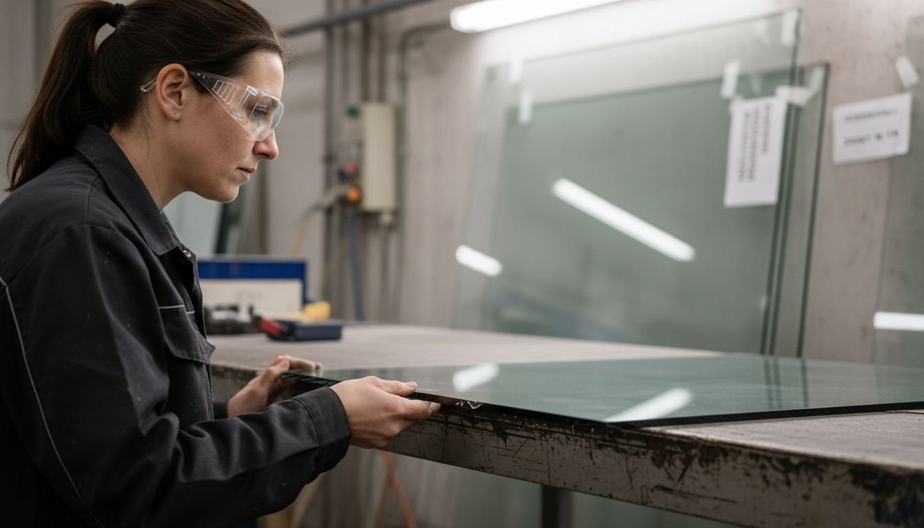 Ein Fachmann überprüft sorgfältig die Kante eines Verbundsicherheitsglases.