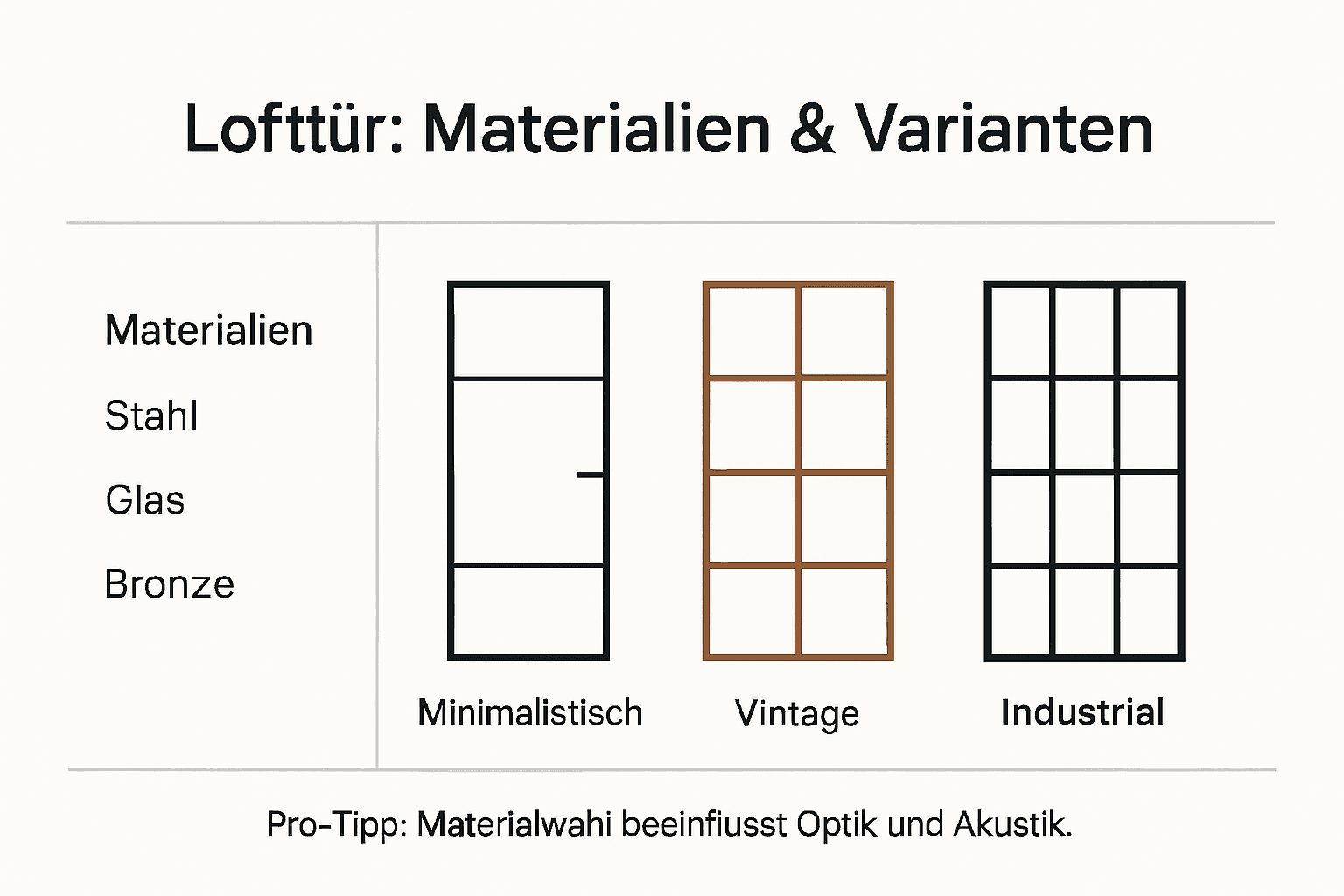 Infografik: Materialien und Stilrichtungen für Lofttüren