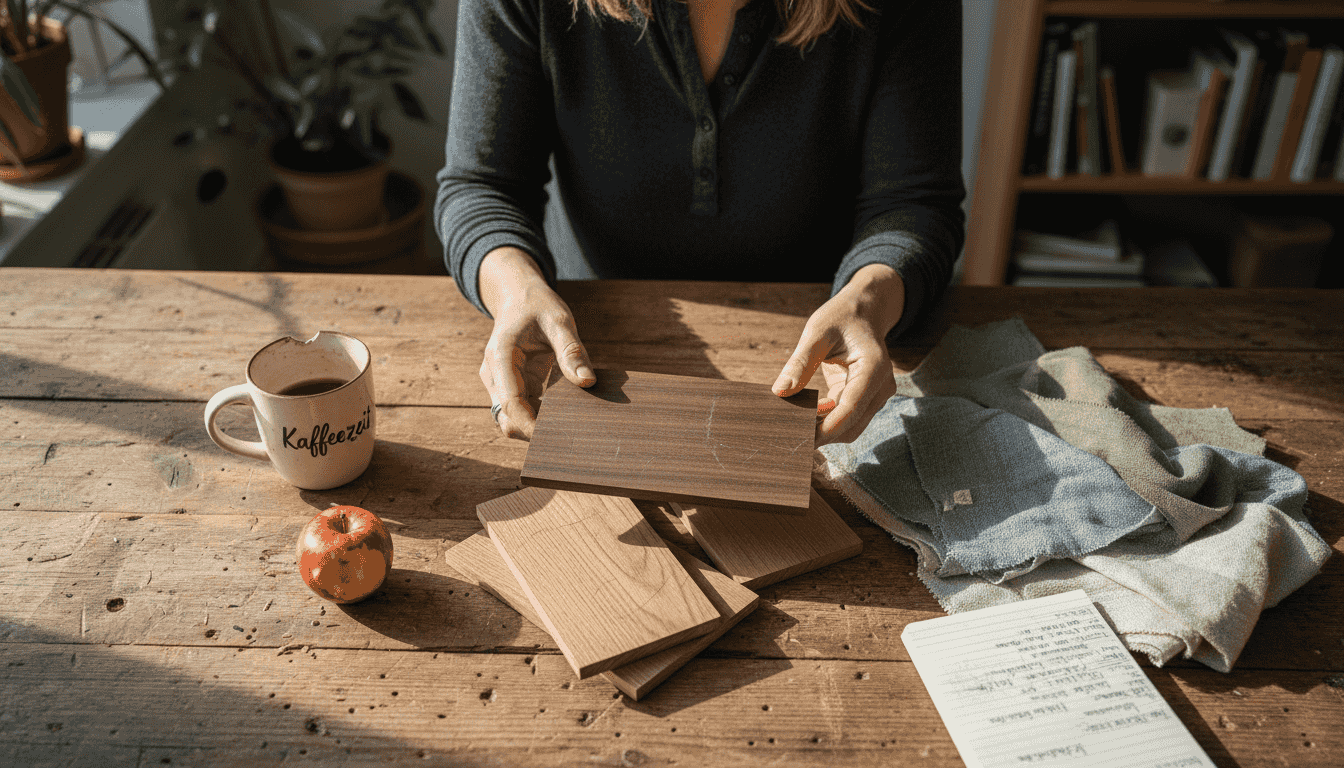 Eine Frau sitzt am Küchentisch und betrachtet verschiedene Holzproben, um die passende Auswahl zu treffen.