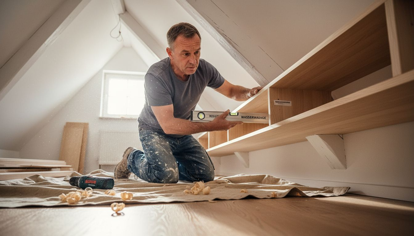 Ein Schreiner passt ein Regal passgenau unter die Dachschräge ein.