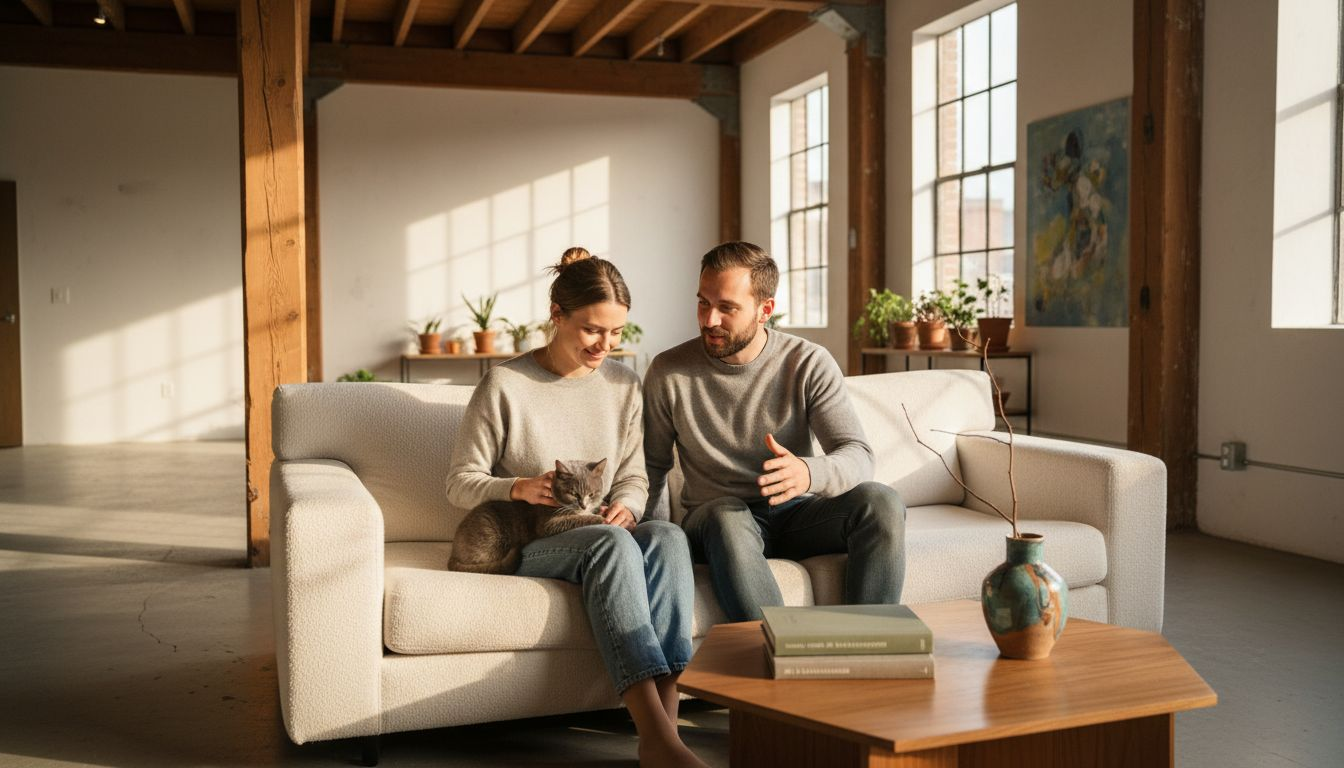 Ein Paar genießt entspannte Stunden auf einem Designer-Sofa im modernen Loft.