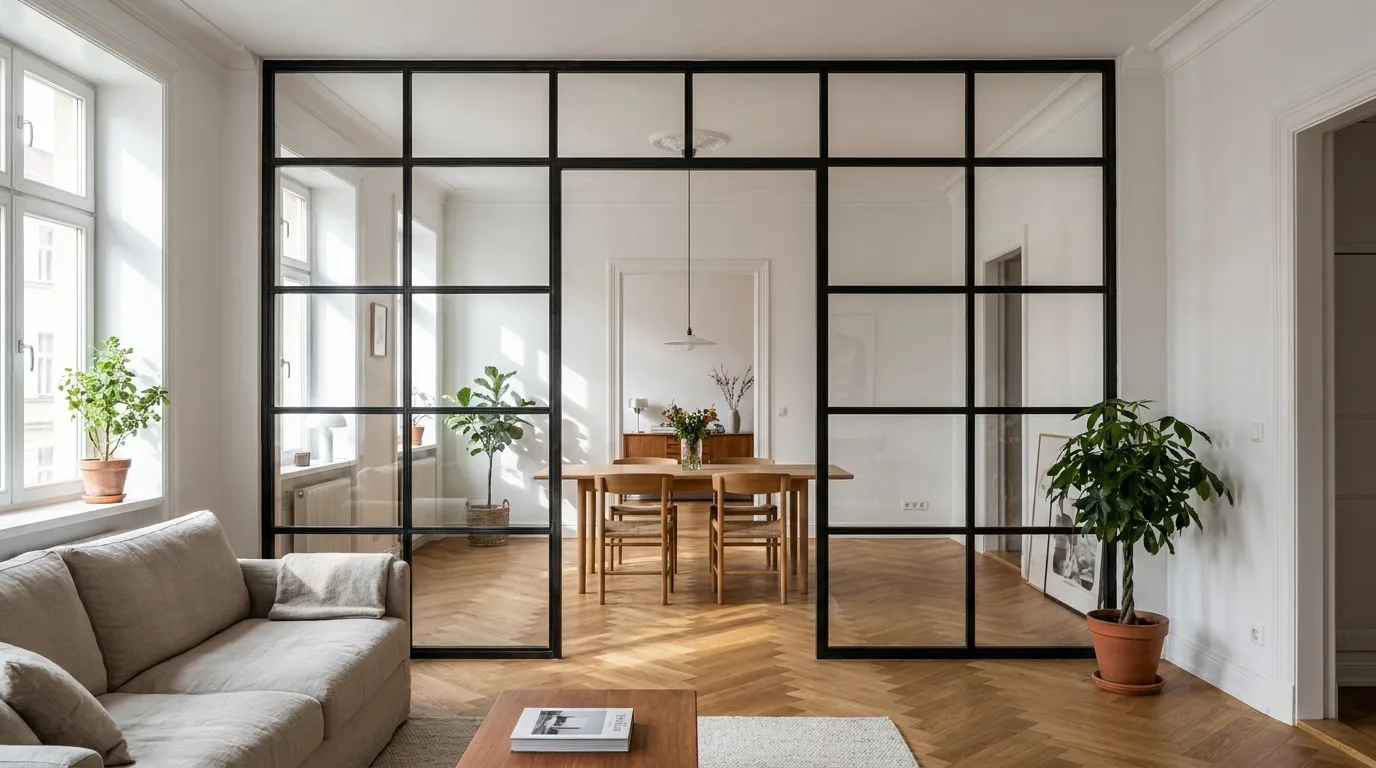 Eine raumhohe Stahl-Glas-Trennwand mit schwarzem Stahlrahmen und mehreren Glasfeldern trennt Wohnbereich und Esszimmer in einer hellen Altbauwohnung