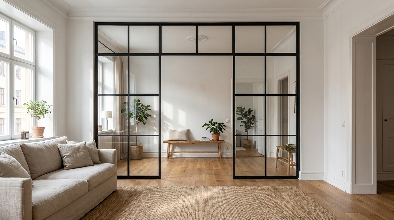 Mampara fija de acero negro y vidrio divide salón luminoso con plantas y mesa madera